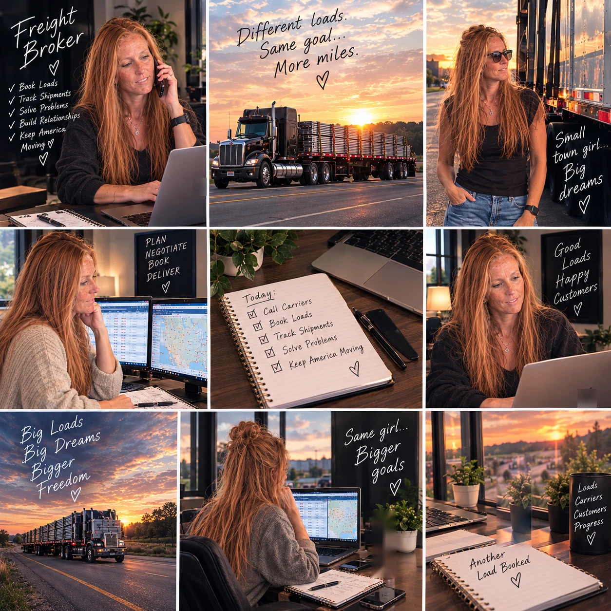 Collage of Dana's daily life as a freight broker: on the phone booking loads, at the load board, her to-do list, and trucks rolling at sunset